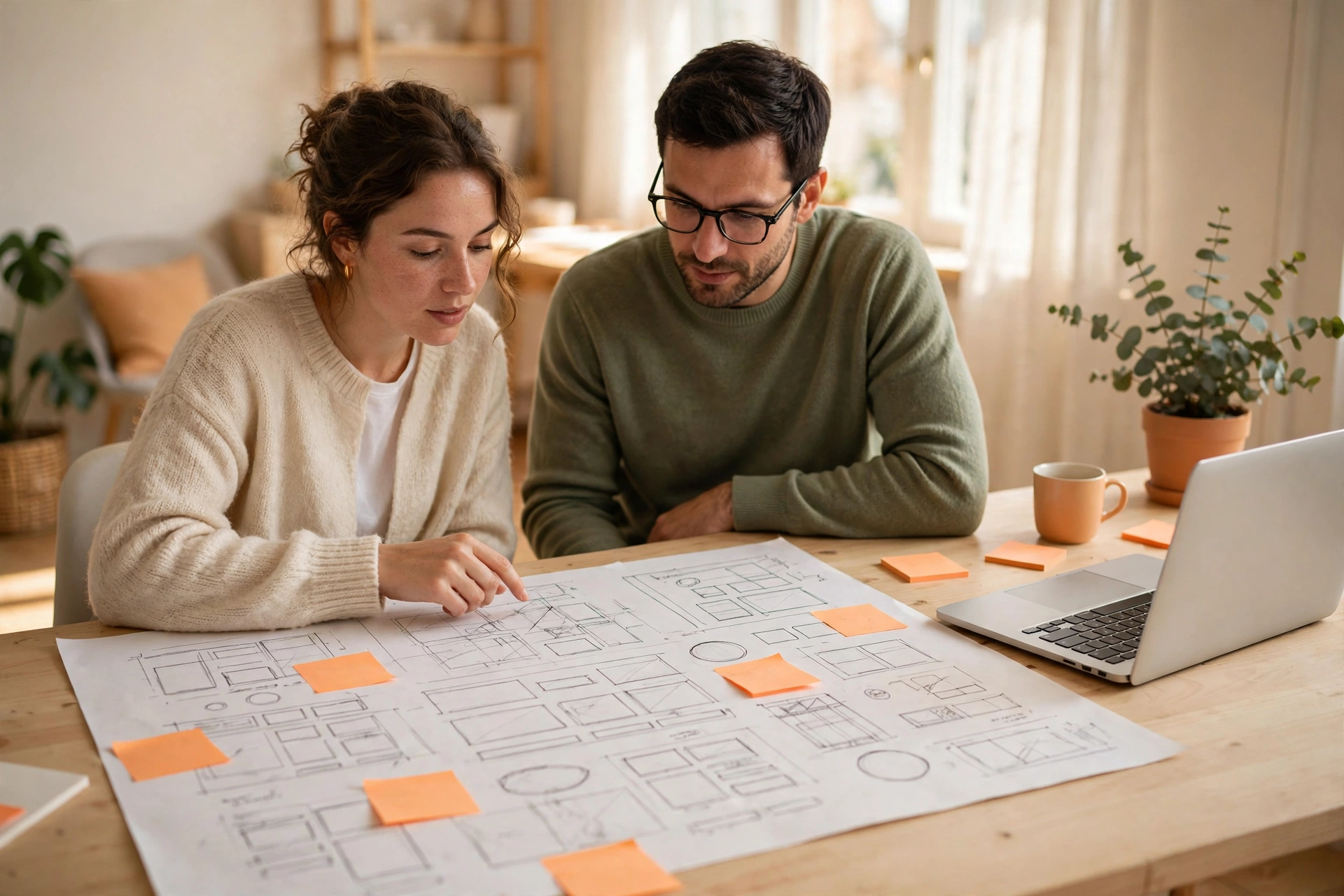 Två personer planerar en webbplats med wireframe-skisser och post-it-lappar